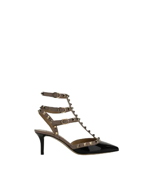 Stylish Ankle Strap Heels for Women--Valentino Garavani Rockstud Calfskin Pumps with Geometric Toe and Ankle Strap