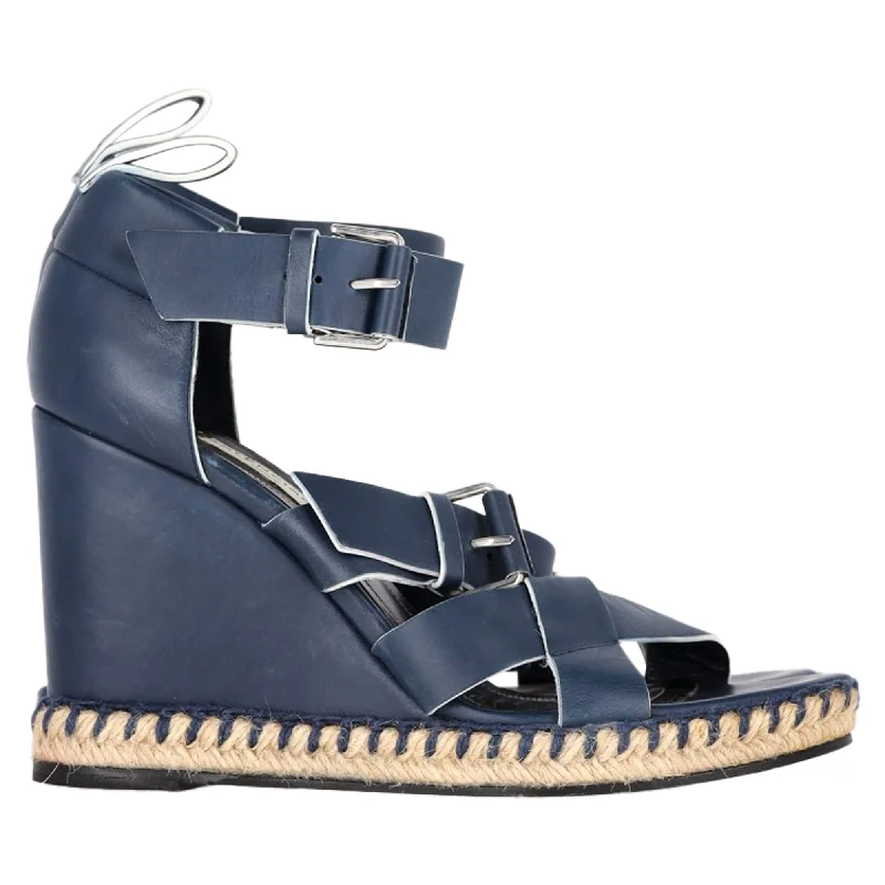 Balenciaga Buckle Straps Espadrille Wedge Heels in Navy Blue Leather---Comfortable Leather Pumps for Office and Everyday Wear