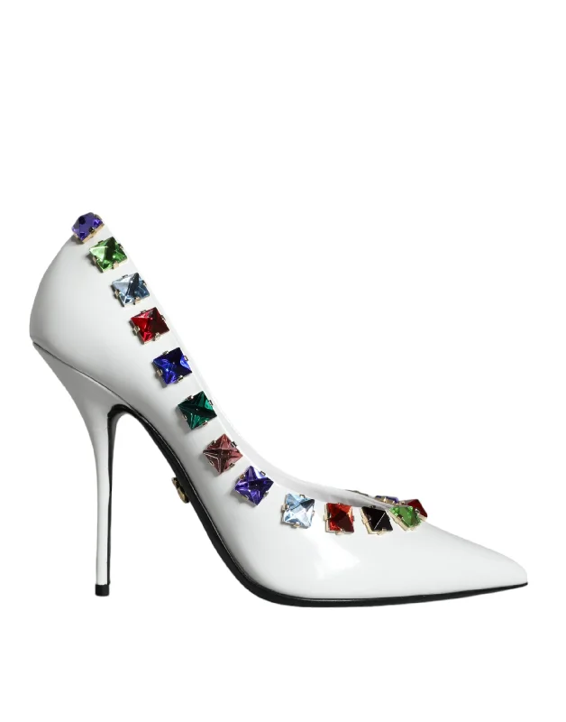 Dolce & Gabbana White Crystals Leather High Heels Pumps Shoes---Comfortable Leather Pumps for Office and Everyday Wear