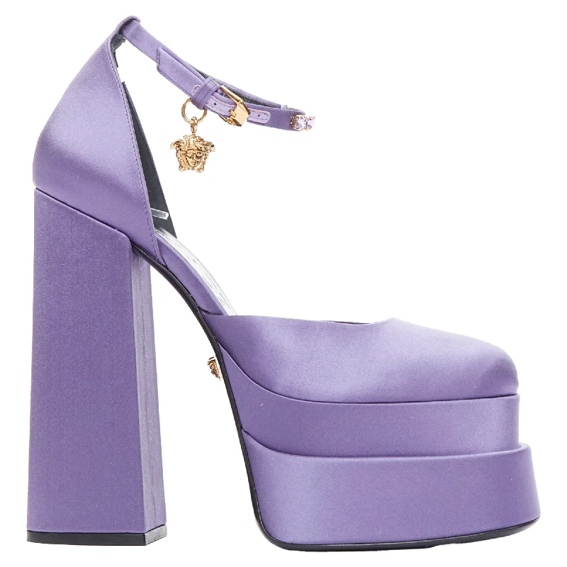 Versace Aevitas Lilac Satin Gold Crystal Medusa PlatformAffordable Satin Heels with a Luxe Touch