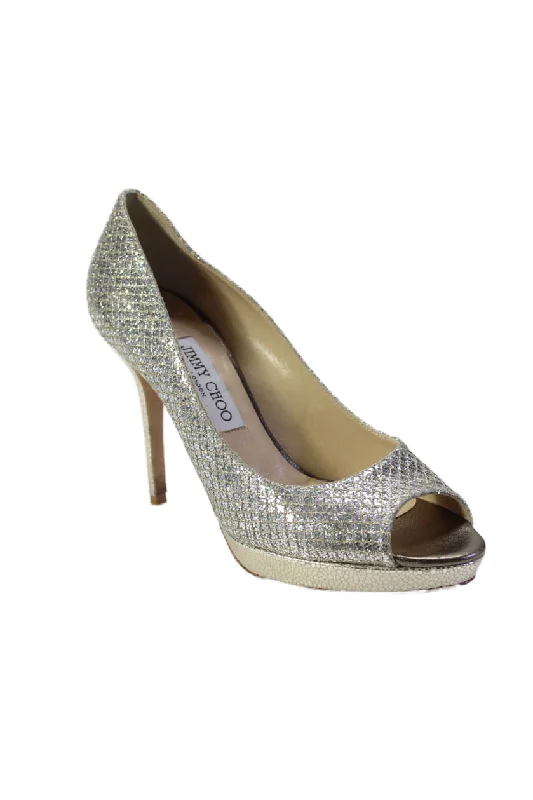 Jimmy Choo Womens Glittery Gold Textured Peep Toe Platform Pumps Shoes---Trendy Glitter Heels for a Glamorous Look