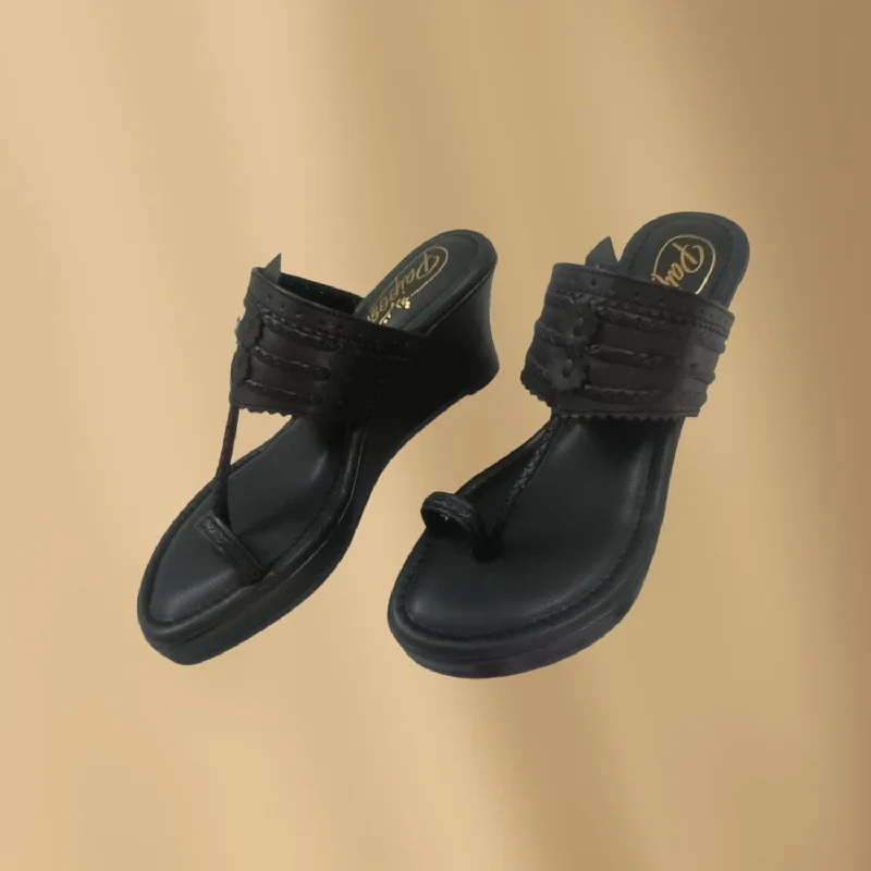 Versatile Heeled Sandals for Any Occasion---Black Wedge Heel Kolhapuris For Women | Hand-Crafted | Comfy Everyday Wear