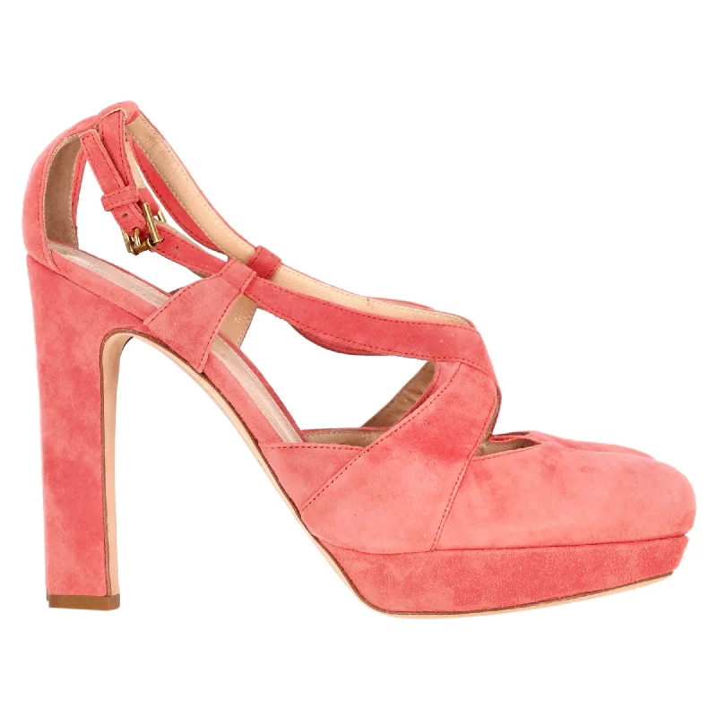 Affordable Suede Ankle Pumps for All-Day Wear--Jil Sander Cross Strap Chunky Heel Platform Pumps in Coral Suede