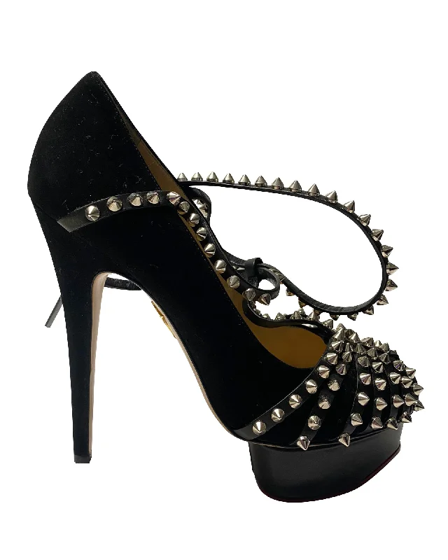 Affordable Suede Ankle Pumps for All-Day Wear--Charlotte Olympia Angry Portia Studded Platform Pumps in Black Suede