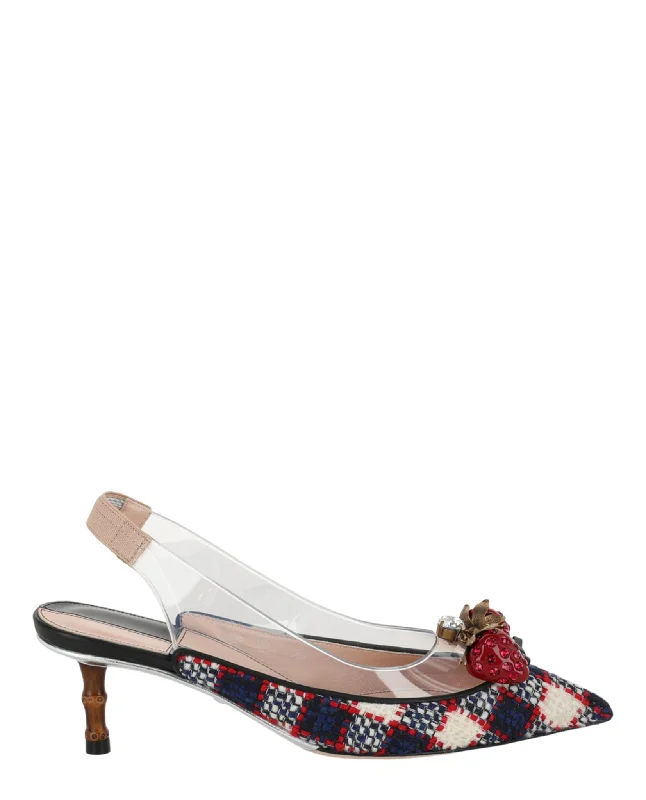 Versatile Heeled Sandals for Any Occasion---Gucci Womens Eleanor Strawberry Tweed Heels