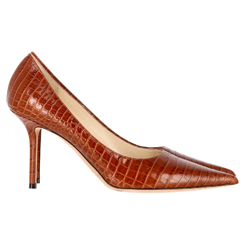 Jimmy Choo Croc Embossed Love Pumps in Brown Leather---Comfortable Leather Pumps for Office and Everyday Wear