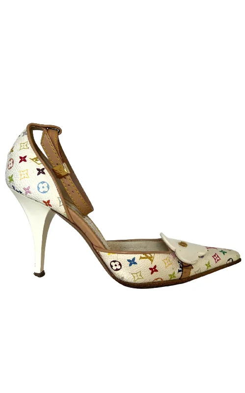 Stylish Ankle Strap Heels for Women--White Monogram Multicolor Ankle Strap Heels