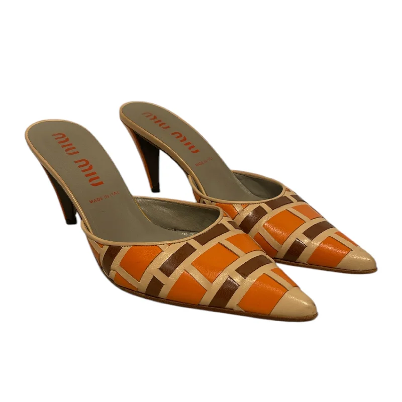 MIU MIU/Heels/EU 40/Plaid/Leather/ORN/V-Tip/Beige/Brown/Orange---Comfortable Leather Pumps for Office and Everyday Wear