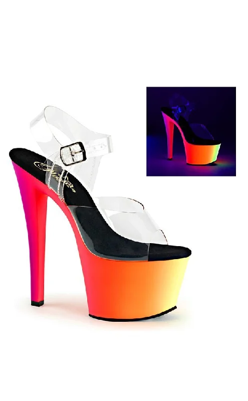 RAINBOW-308UV Clear & Neon Rainbow Heels---Charming Bow Pumps for a Cute and Stylish Look