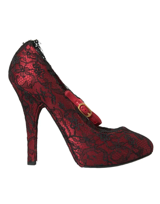 Stylish Lace Pumps for a Chic Look--Dolce & Gabbana Red Black Floral Lace Mary Jane Pumps Shoes