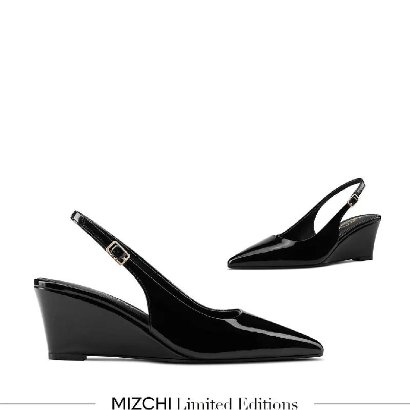 Sleek and Shiny Patent Pump Heels for a Polished Look--*ELLIOT - black patent slingback wedge