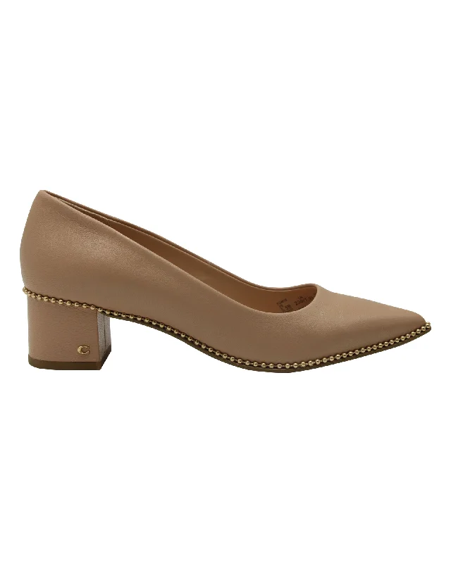 Trendy Chunky Heel Pumps for Casual Wear--Coach Block Heel Willa Pumps in Beige Leather