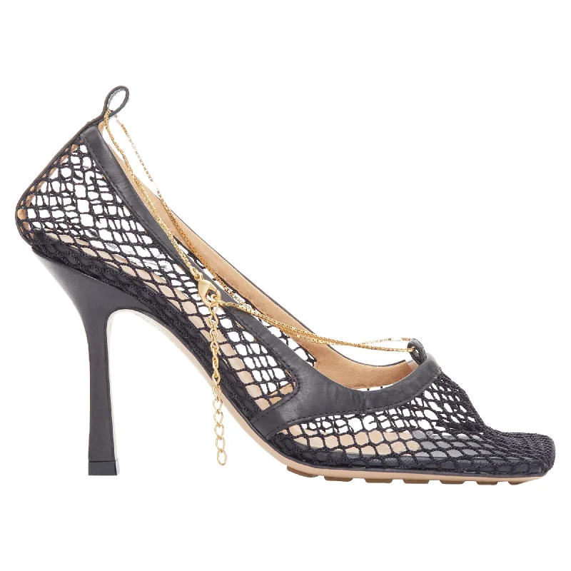 Bottega Veneta stretch leather mesh net gold chain spool heels---Comfortable Leather Pumps for Office and Everyday Wear