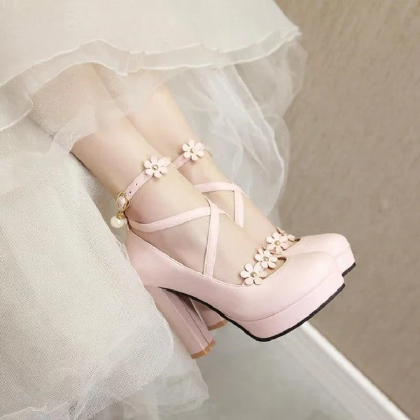 Trendy Chunky Heel Pumps for Casual Wear--Lolita flower pearl high heels YV40459