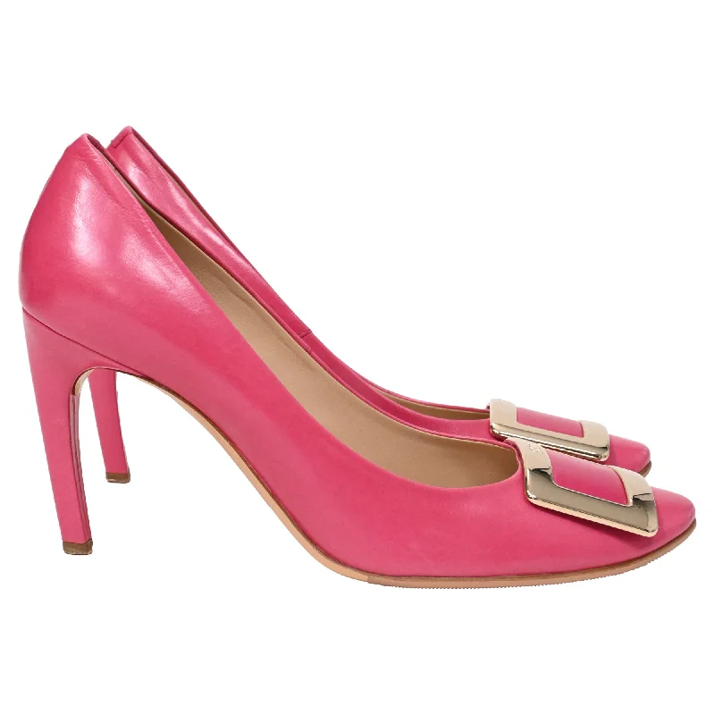 Roger Vivier Trompette Buckle Detail Pumps in Pink Calfskin Leather---Comfortable Leather Pumps for Office and Everyday Wear