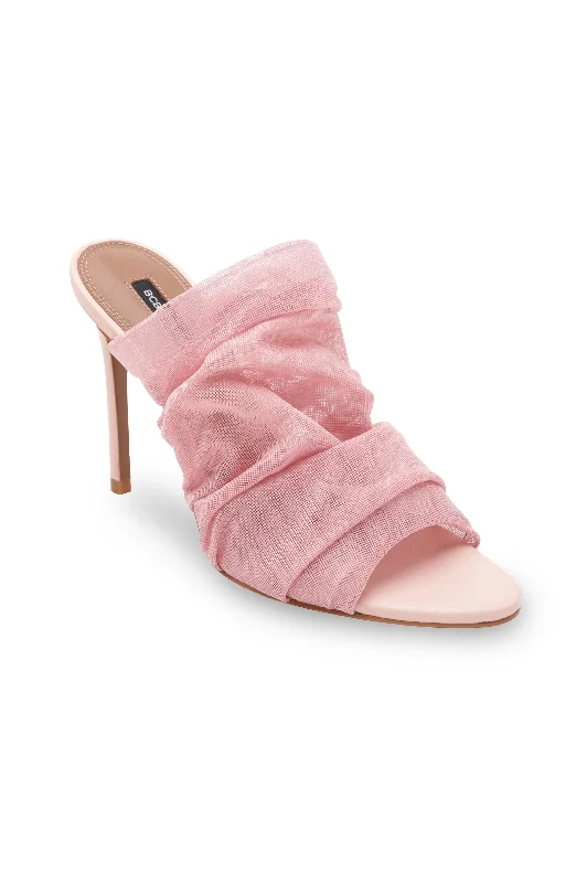 Versatile Heeled Sandals for Any Occasion---SARANI BLUSH RUCHED MESH WIDE BAND HEEL