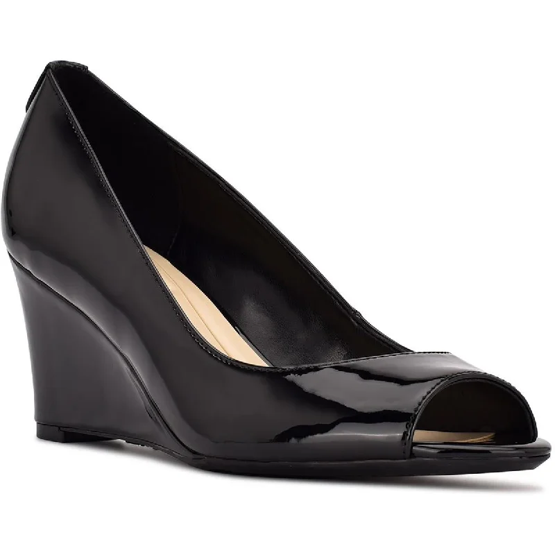 Trendy Peep Toe Platform Heels Crafted from Genuine Leather--Nine West Womens Cape 9x9 Logo Peep Toe Wedge Heels