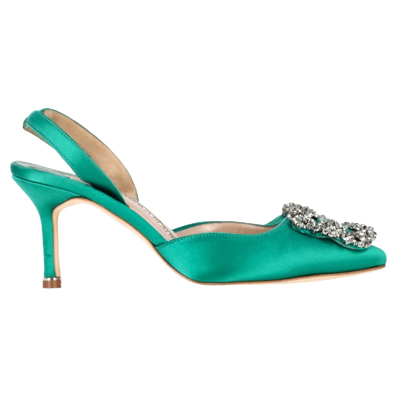 Manolo Blahnik Hangisi70 Embellished Slingback Pumps in Green SatinAffordable Satin Heels with a Luxe Touch