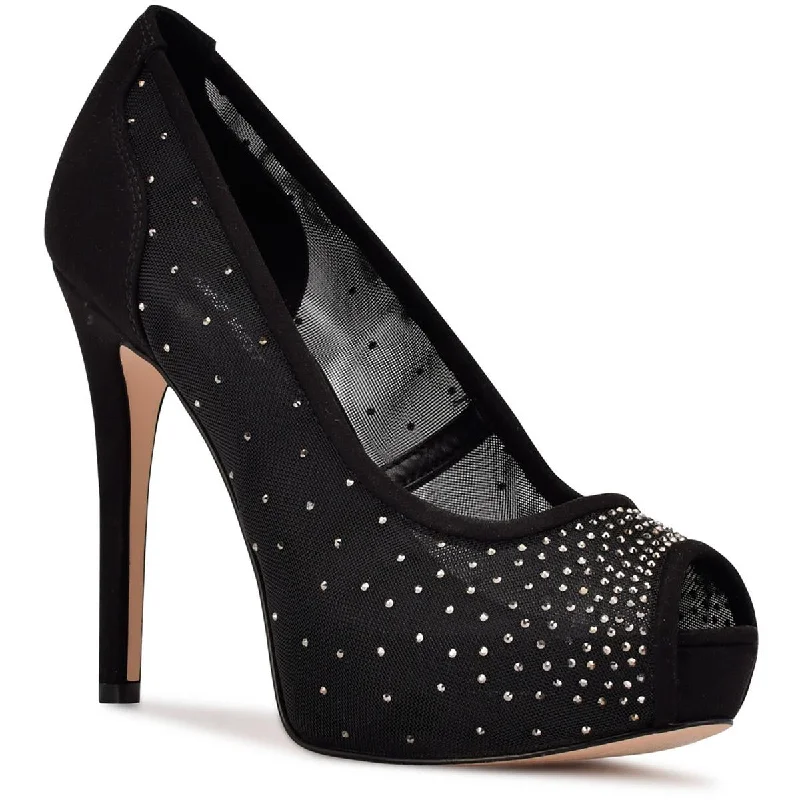 Trendy Peep Toe Platform Heels Crafted from Genuine Leather--Nine West Womens Hizzie Rhinestone Peep Toe Platform Heels