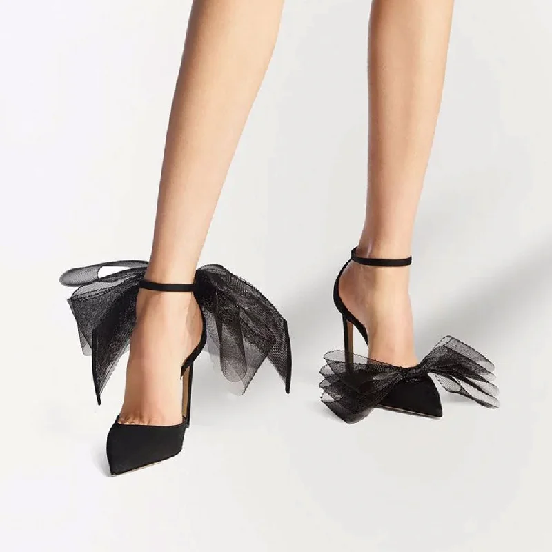 Stylish Ankle Strap Heels for Women--Asymmetric Bow Detail Pointed Toe Ankle Strap Stiletto Pumps - Black