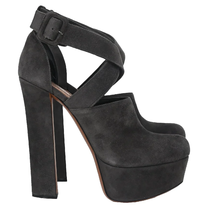 Affordable Suede Ankle Pumps for All-Day Wear--Alaïa Cross Strap Chunky Heel Platform Pumps in Grey Suede