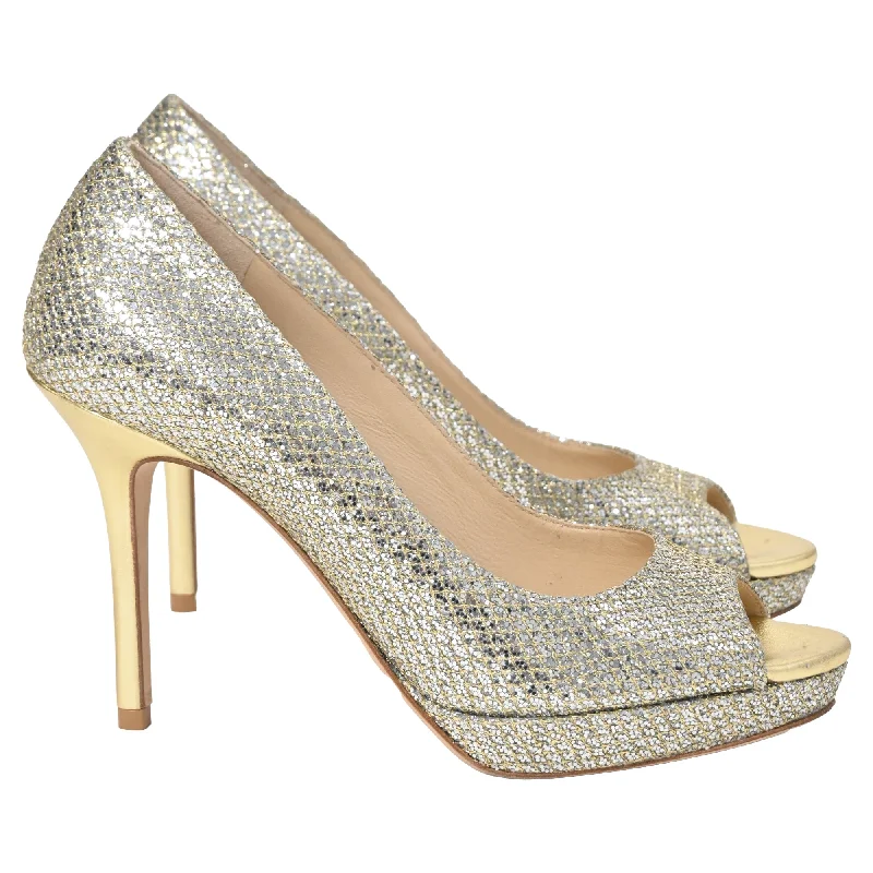 Jimmy Choo Peep Toe Dahlia Pumps in Silver Glitter---Trendy Glitter Heels for a Glamorous Look