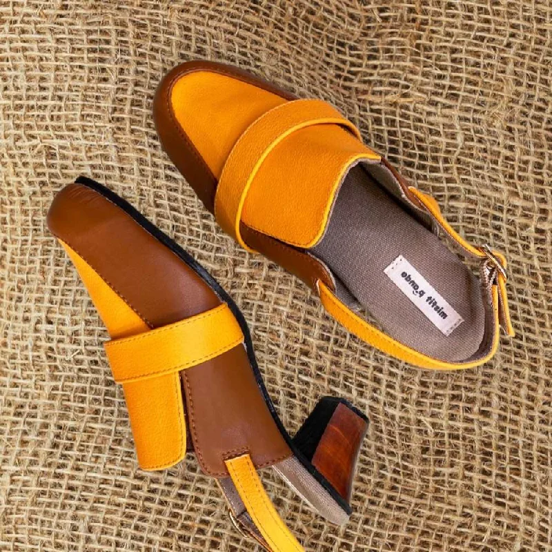 Fashionable Leather Slingback Pumps for Casual Wear--Cactus Leather Slingback For Women | Colour Block Mustard & Brown