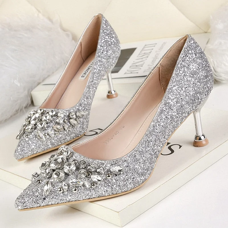 Stiletto Heel Pumps with Perfect Fit--comemore 2021 New Rhinestone Women Pumps Sequins Women's Gold Silver Wedding Shoes Female Slip-on Pointed Toe Thin High Heels 40-Fashionable & Classic