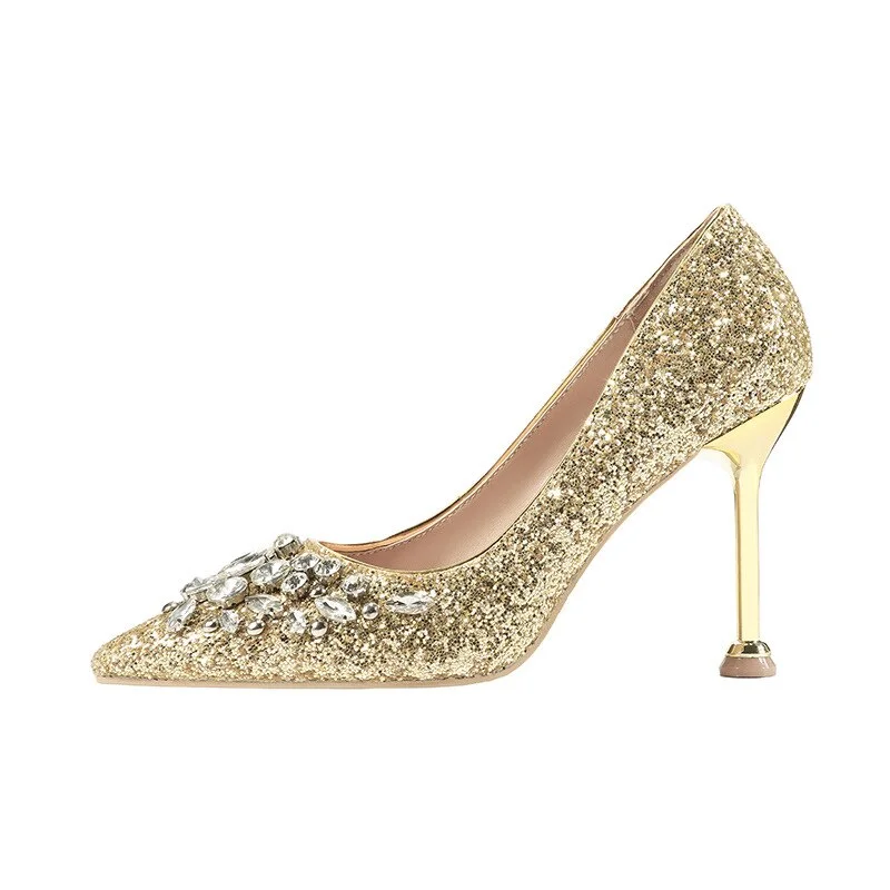 Stiletto Heel Pumps with Perfect Fit--comemore 2021 New Rhinestone Women Pumps Sequins Women's Gold Silver Wedding Shoes Female Slip-on Pointed Toe Thin High Heels 40-Fashionable & Classic