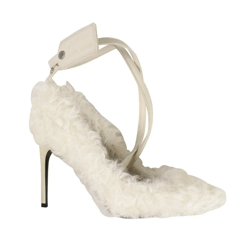 Versatile Heeled Sandals for Any Occasion---White Furry Zip Tie Heels