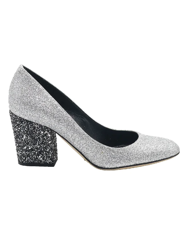 Sergio Rossi Sparkling Pumps in Metallic Silver Glitter and Leather---Trendy Glitter Heels for a Glamorous Look