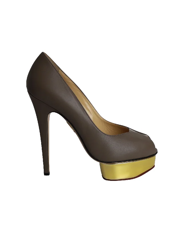 Charlotte Olympia Peep-Toe Platform Pumps in Grey Leather---Comfortable Leather Pumps for Office and Everyday Wear