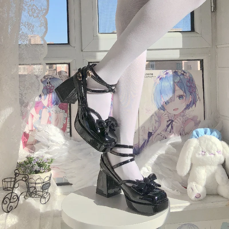 Sleek and Shiny Patent Pump Heels for a Polished Look--Solid Mary Jane High Heels, Lolita Bow Decor High Heels, Front Strap Heels for Women, Square Toe High Heels, Patent Leather Ballet Shoes