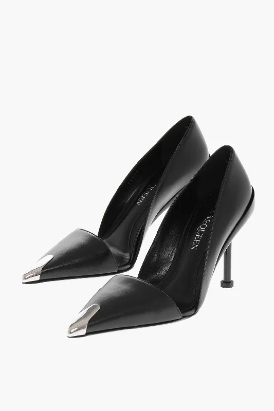 Alexander Mcqueen Pointed Leather Pumps With Metallic Detail Heel 9 Cm---Comfortable Leather Pumps for Office and Everyday Wear