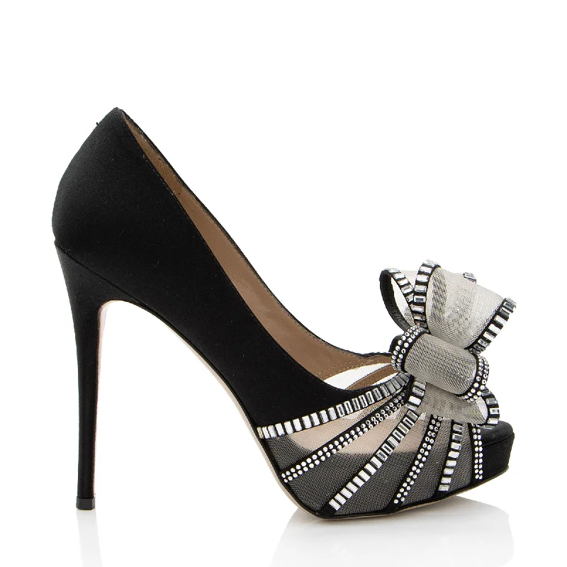 Trendy Peep Toe Platform Heels Crafted from Genuine Leather--Valentino Satin Crystal Versailles Bow Peep Toe Pumps