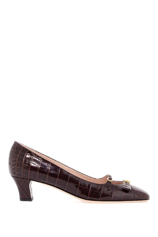 Valentino Garavani Brown Crocodile Effect Calfskin Pumps With Bow And Medium Heel---Charming Bow Pumps for a Cute and Stylish Look