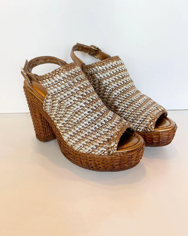 Cannes Woven Leather Platform Heel In Platinum/silver---Comfortable Leather Pumps for Office and Everyday Wear