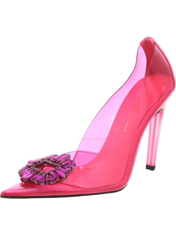 Womens Vinyl Embellished Pumps---Transparent Vinyl Pumps for Bold Fashion Statements