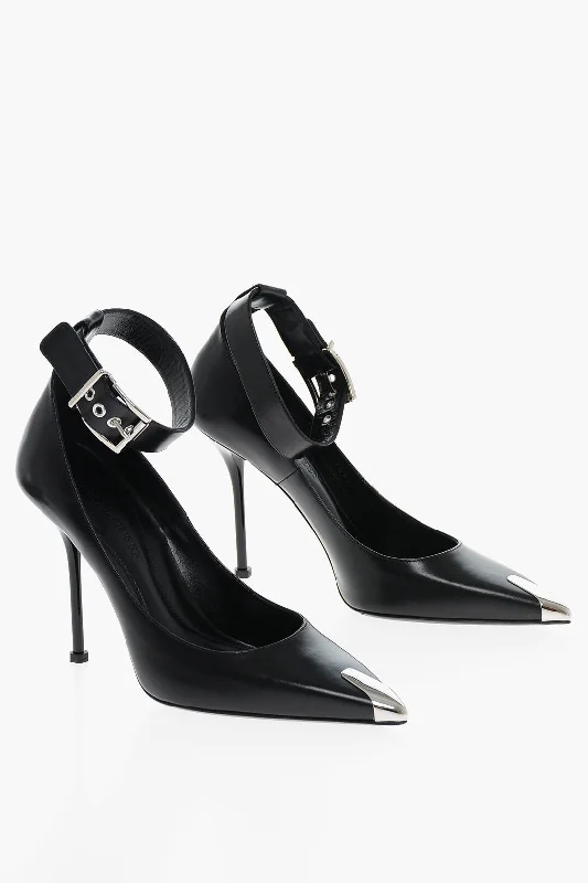 Stylish Ankle Strap Heels for Women--Alexander Mcqueen Ankle Strap Leather Pumps With Shiny Stiletto Heel 11Cm