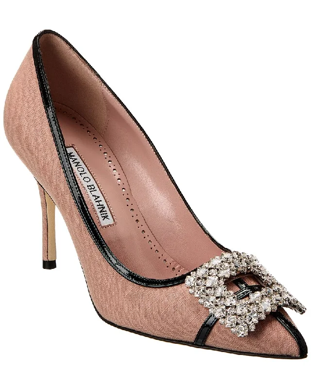 Manolo Blahnik Tuberian 90 Linen & Leather Pump---Comfortable Leather Pumps for Office and Everyday Wear