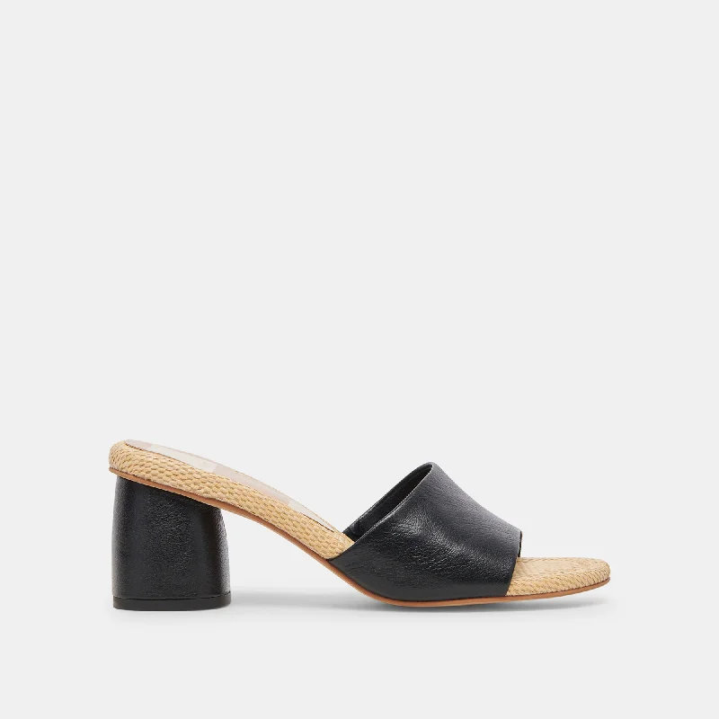 MINNY RAFFIA HEELS BLACK LEATHER---Comfortable Leather Pumps for Office and Everyday Wear