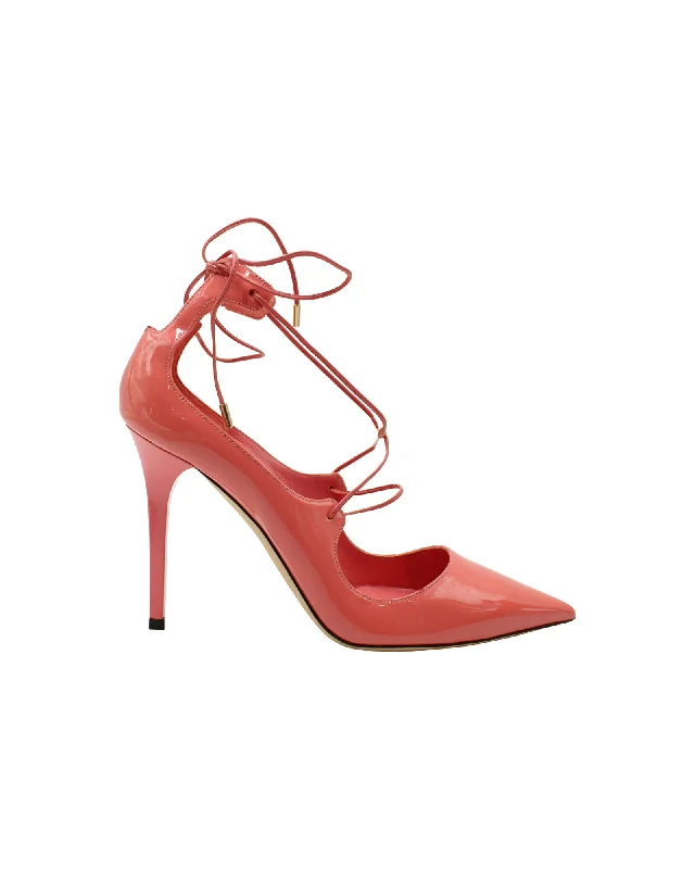 Sleek and Shiny Patent Pump Heels for a Polished Look--Jimmy Choo Vita 100 Lace Up Pumps in Patent Leather Coral Pink