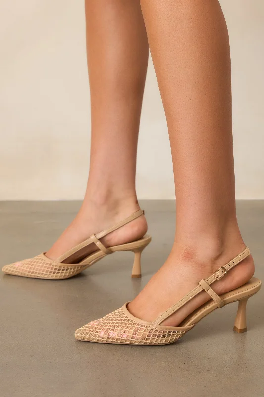 Willow’s Secret Beige Mesh Slingback Kitten Heels---Fashionable Kitten Heels for Date Night