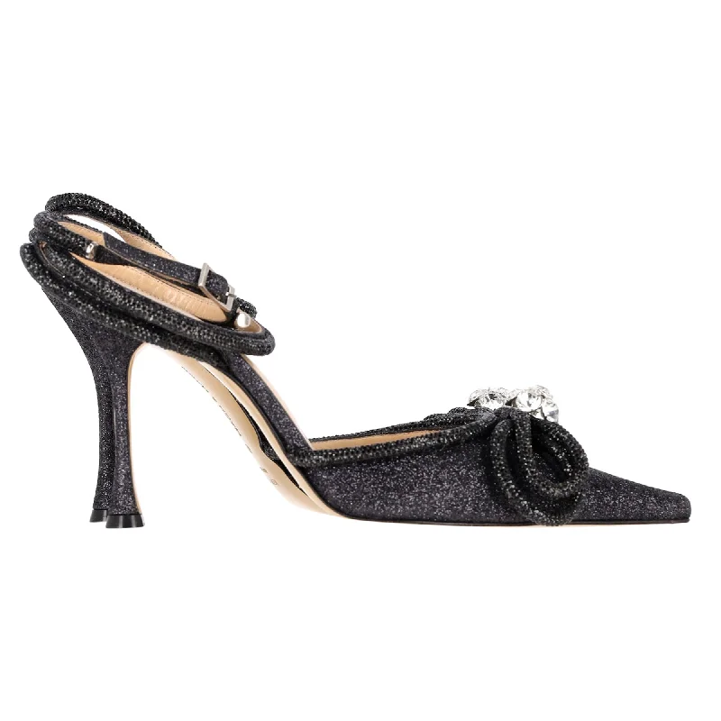 Mach & Mach Double Bow Glittered Pumps in Black Leather---Trendy Glitter Heels for a Glamorous Look