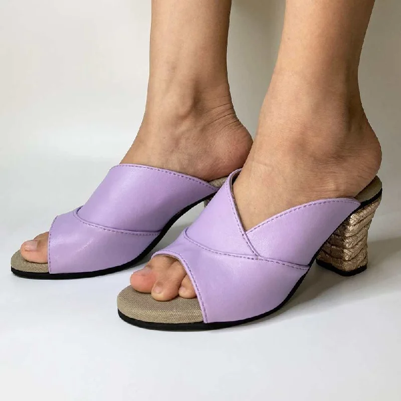 Trendy Chunky Heel Pumps for Casual Wear--Peep-Toe Mules for Women | Block Heels | Cactus Leather | Lavender