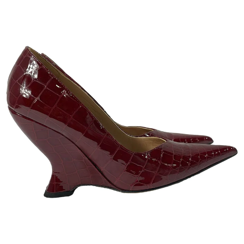 Bottega Veneta Croc-Effect Punta Wedge Pumps in Burgundy Leather---Comfortable Leather Pumps for Office and Everyday Wear