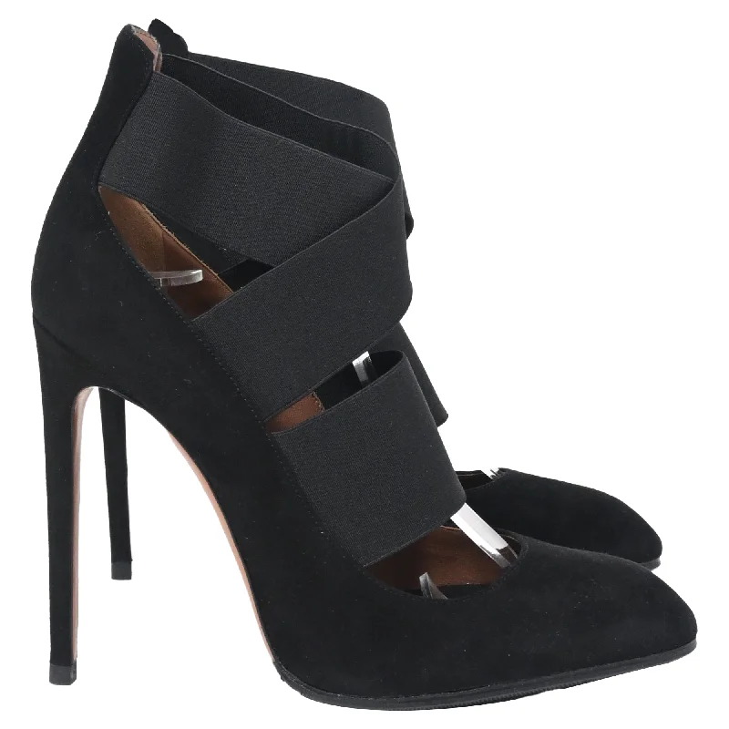 Affordable Suede Ankle Pumps for All-Day Wear--Alaïa Bandage Strap High Heel Pumps in Black Suede