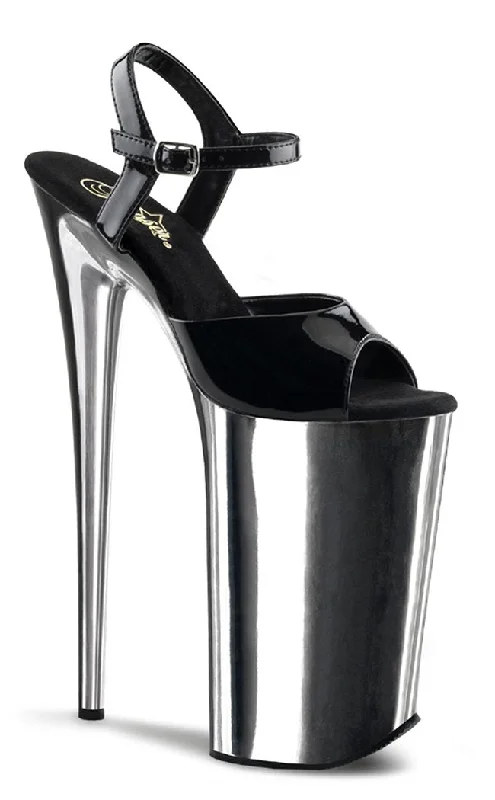 Stiletto Heel Pumps with Perfect Fit--BEYOND-009 Black & Silver Chrome 10 Inch Heels-Fashionable & Classic