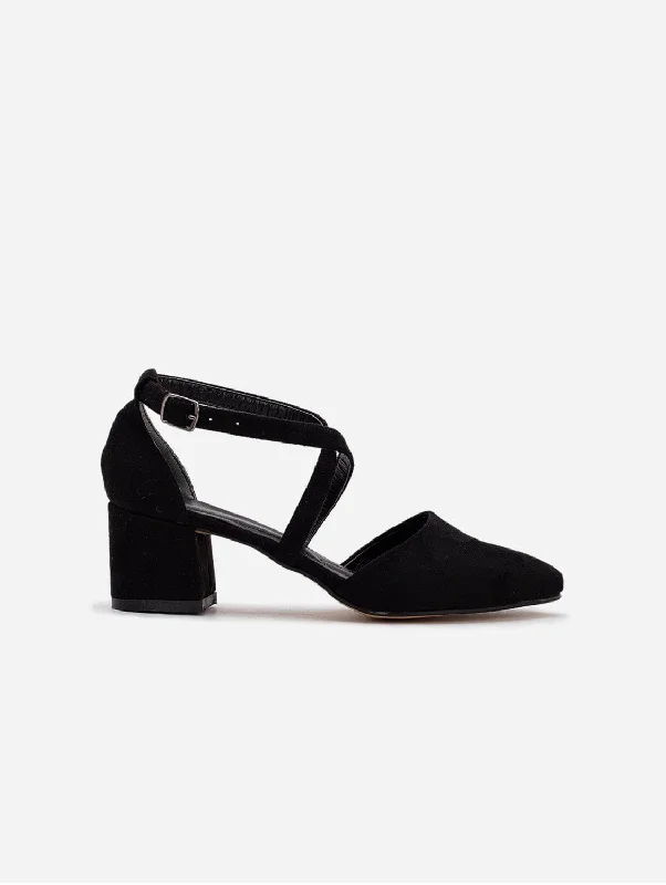 Affordable Suede Ankle Pumps for All-Day Wear--Dolly Vegan Suede Strappy Heels | Black