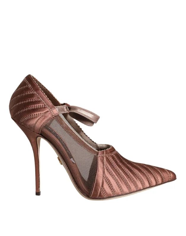 Stylish Ankle Strap Heels for Women--Dolce & Gabbana Brown Mesh Viscose Ankle Strap Pumps Shoes